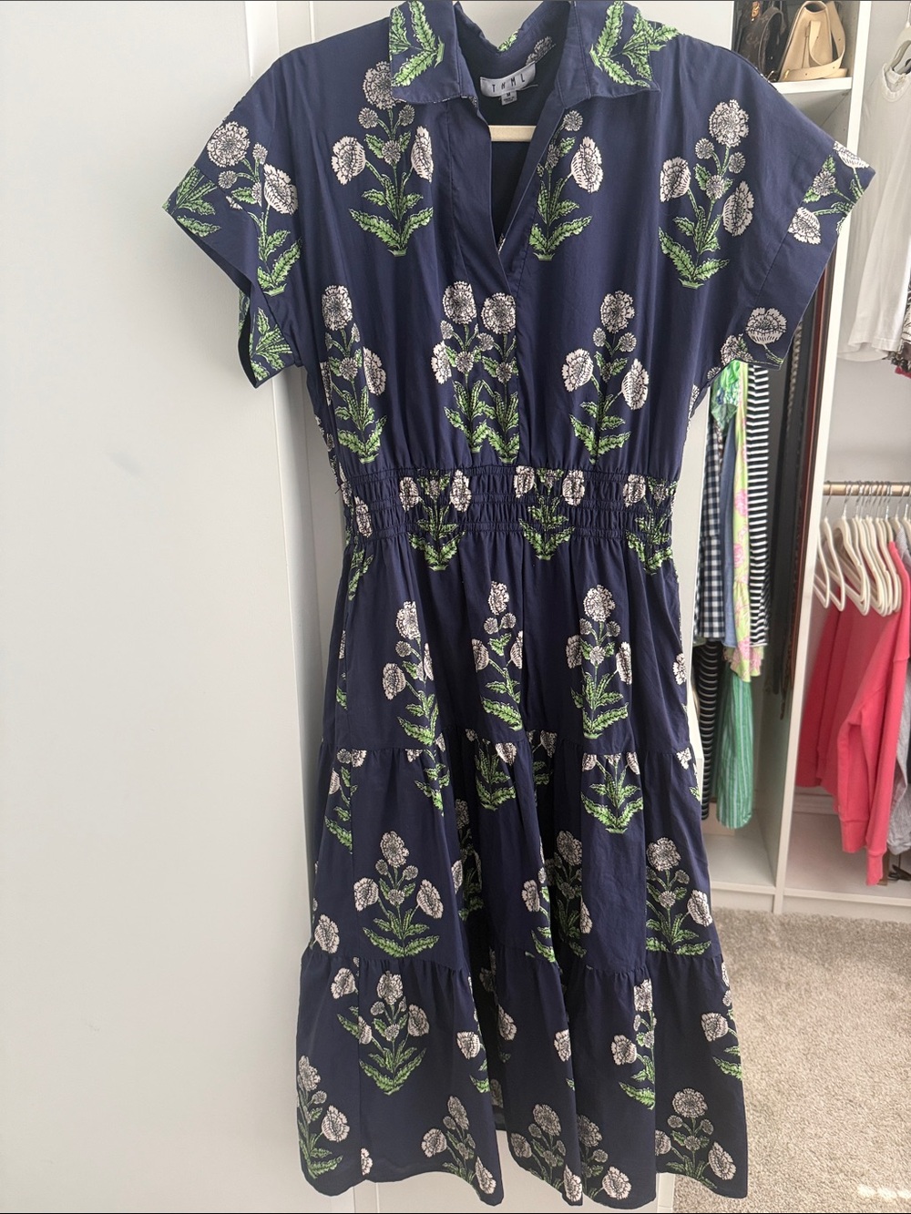 THML Navy Floral Tiered Midi Dress with Green Floral Accents